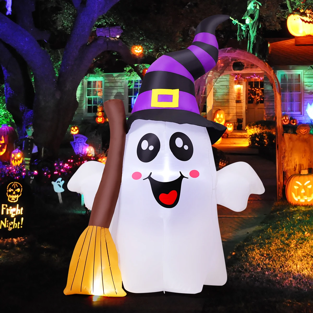 6.2 FT Cute Halloween Ghost Inflatable LED Lights Grasping Broom Outdoor Halloween Decorations for Children