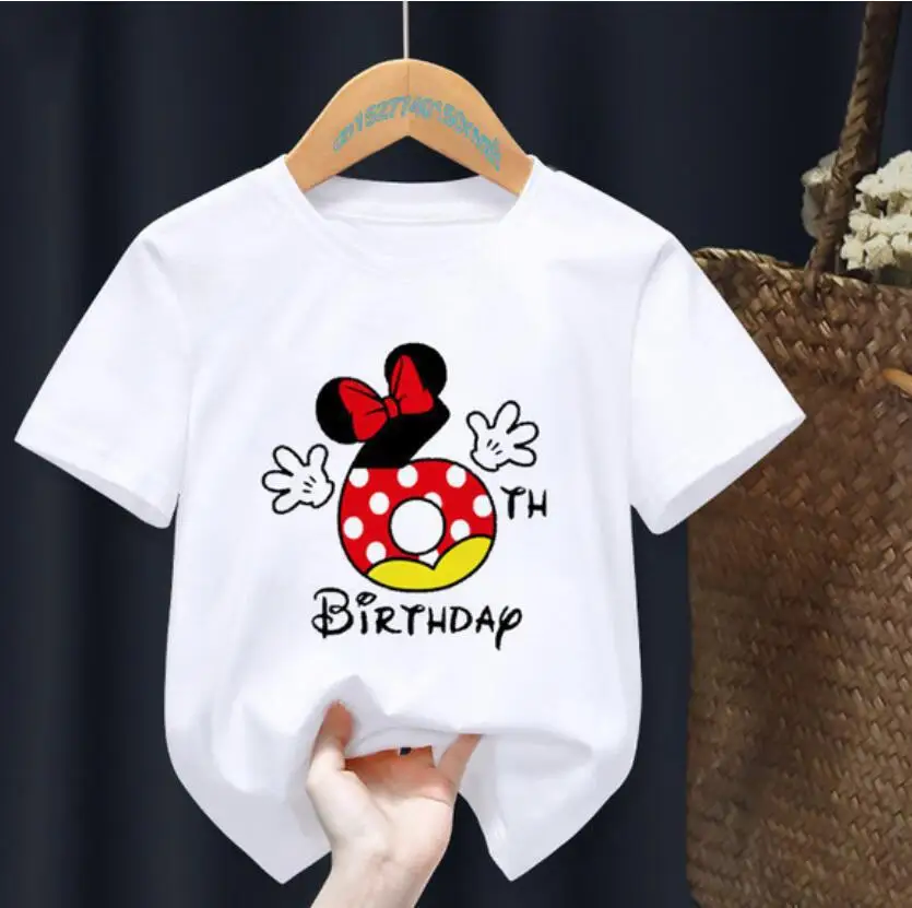 Birthday Number Print Disney 2024 New Kids T-Shirt Cute Cartoon Summer Cotton Short Sleeve Comfortable High Quality Top Fashion