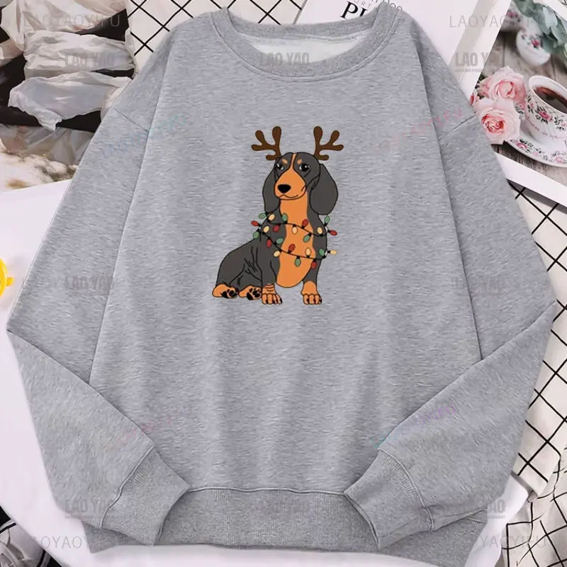 Kawaii dachshund luzes de natal moletom natal cão com capuz dachshund mãe camisa amante do cão pullovers feminino calor hoodies