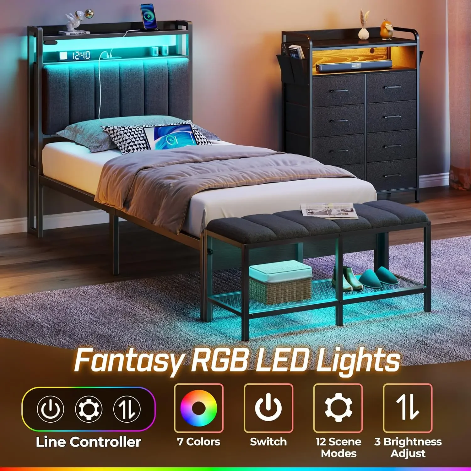 Rangka tempat tidur ganda dengan stasiun pengisian & lampu LED, papan tempat tidur berlapis kain dengan rak penyimpanan, bilah logam tugas berat,