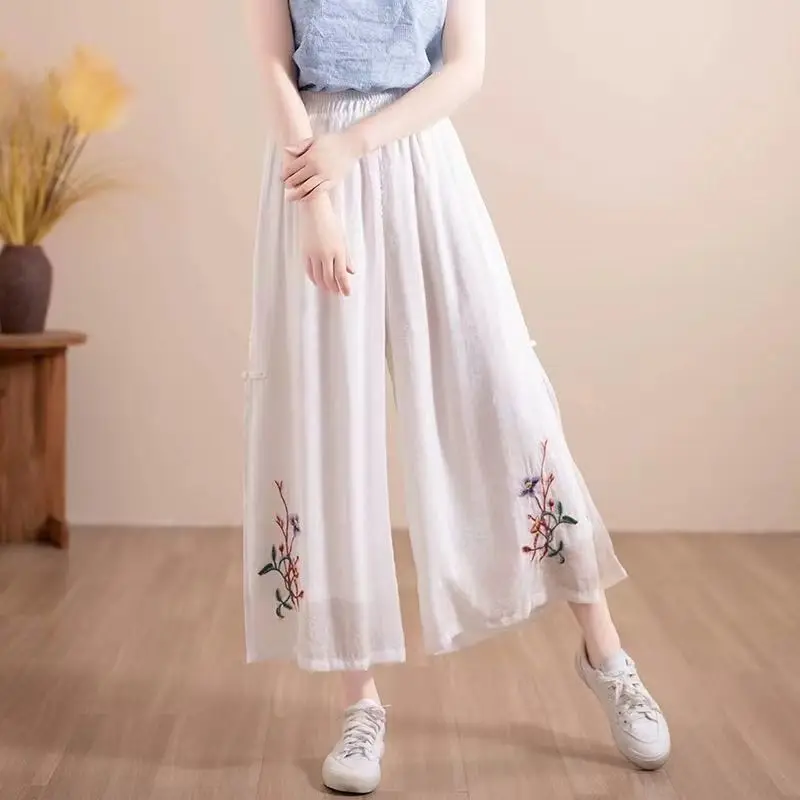 

Летние тонкие брюки-палаццо женские из вискозы, драпированные, с вышивкой, с разрезами, миди-юбка-брюки, повседневные брюки-кюлоты длиной 7/8