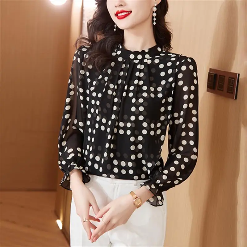 Elegant Commute Polka Dot Printed Chiffon Shirt for Female Autumn Round Neck Long Sleeve Temperament Blouse Women\'s Clothing