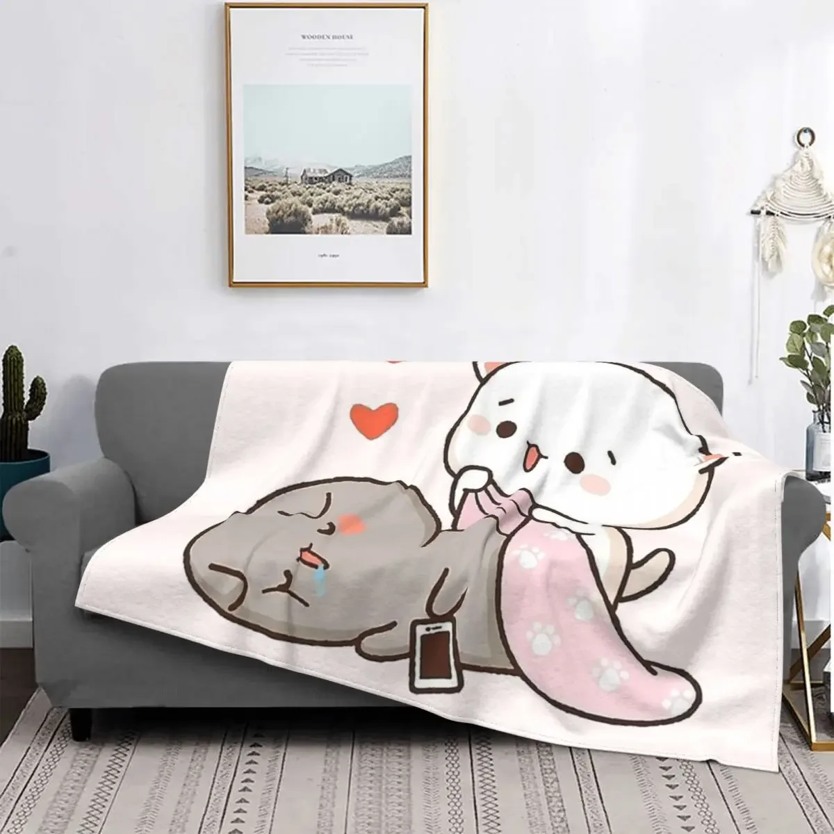 Peach And Goma Mochi Cat Wake Up Blanket 3D Print Soft Flannel Fleece Warm Throw Blankets for Picnic Travel Bedroom Sofa Quilt