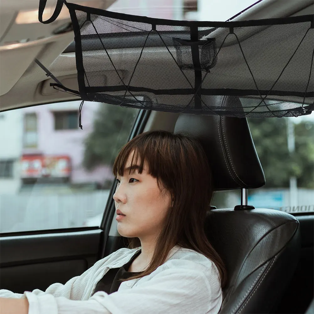 

Car Ceiling Adjustable Hanging Storage Net Tissue Box Holder Drawstring Overhead Cargo Organizer Suv Truck Roof Storage