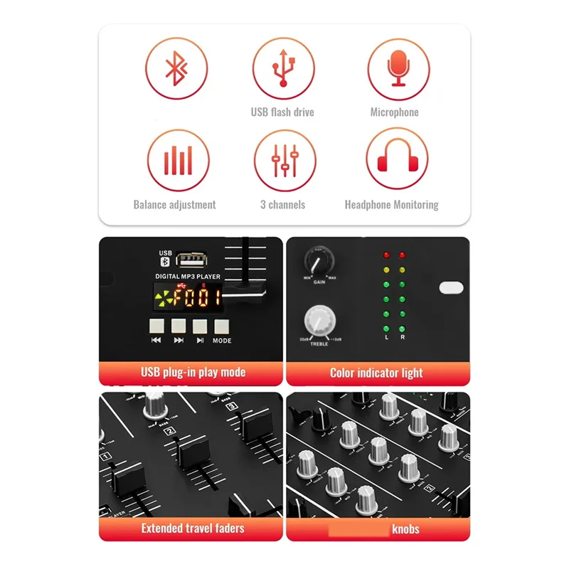 A99E-واجهة صوت مدمجة 3-قناة USB DJ Mixer 3-Band EQ ميكروفون مدخل قابل للاستبدال Crossfader الولايات المتحدة التوصيل #4