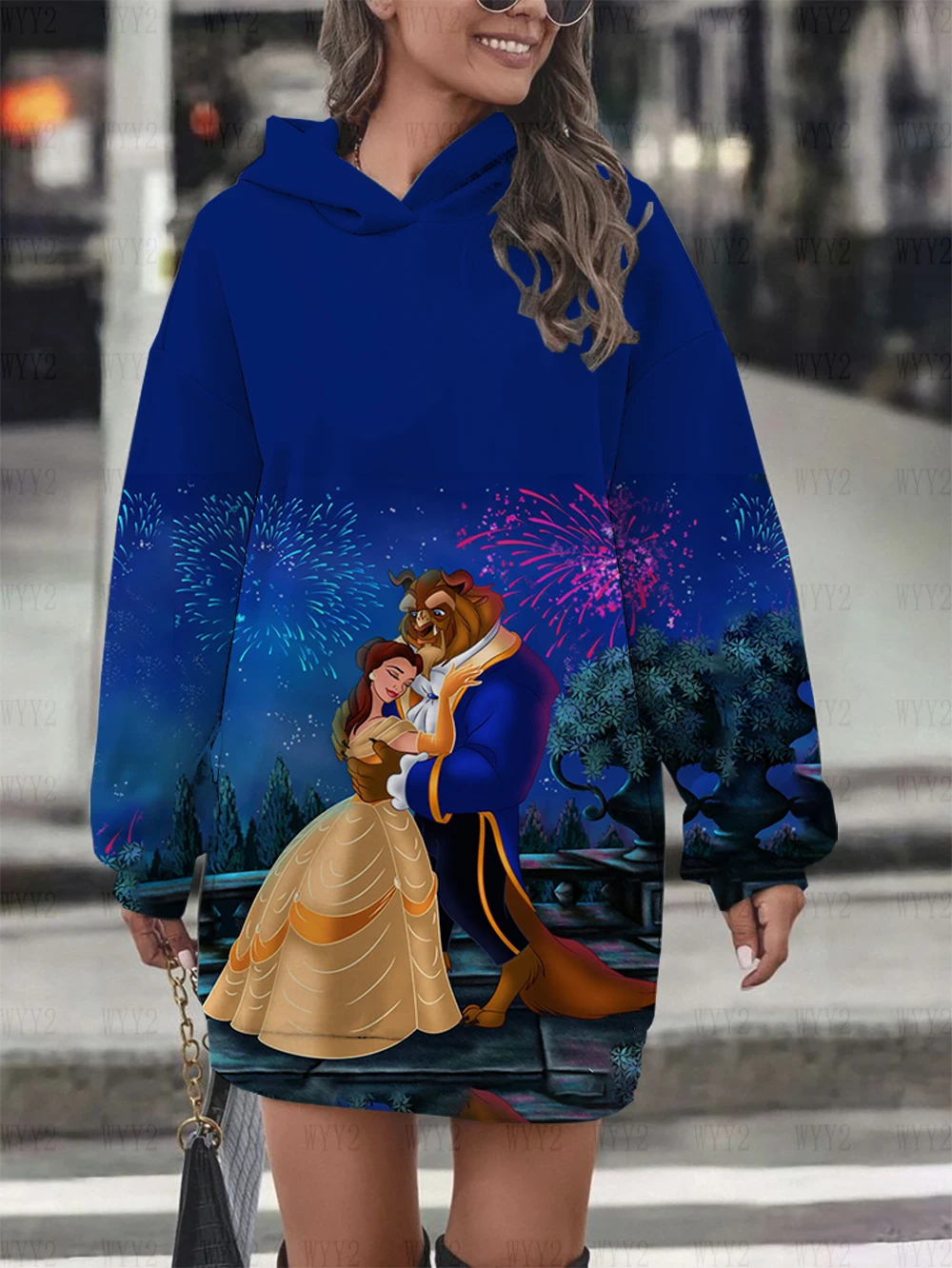 Felpa con cappuccio da donna stampata con motivo cartoon La Bella e la Bestia, felpa con cappuccio da donna classica in stile retrò primaverile e autunnale