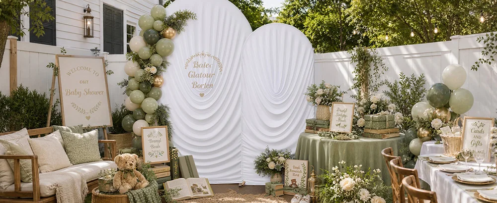 Weiße, drapierte Bogenabdeckungen, dehnbarer, passgenauer runder Bogenständer Chiara für Hochzeits-Hintergrunddekoration, Geburtstags-, Braut- und Babyparty-Deko – Detail 1