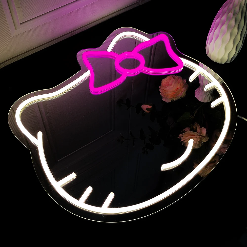 Pink Cat Mirror Neon Light Warm Animal Shape Acrylic Mirror USB Adjustable Brightness for Room Decoration, Girl Makeup Table