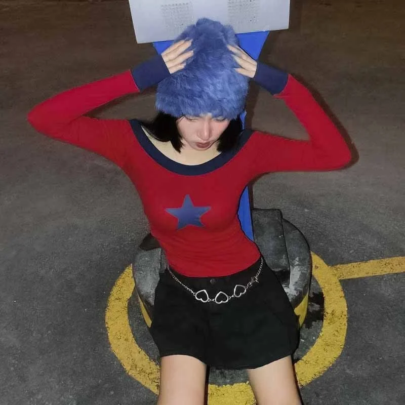 Cseta de Manga Larga dee Q24TP664, Diseño Cruzado con un Solo Hombro, Estampado de s, Sexy, Entallada, Bloques...