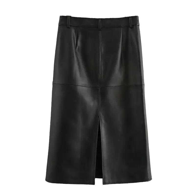 Falda de piel sintética con cremallera versátil de cintura media para mujer Otoño Invierno nuevo diseño Sle Faion falda que combina con todo hasta f