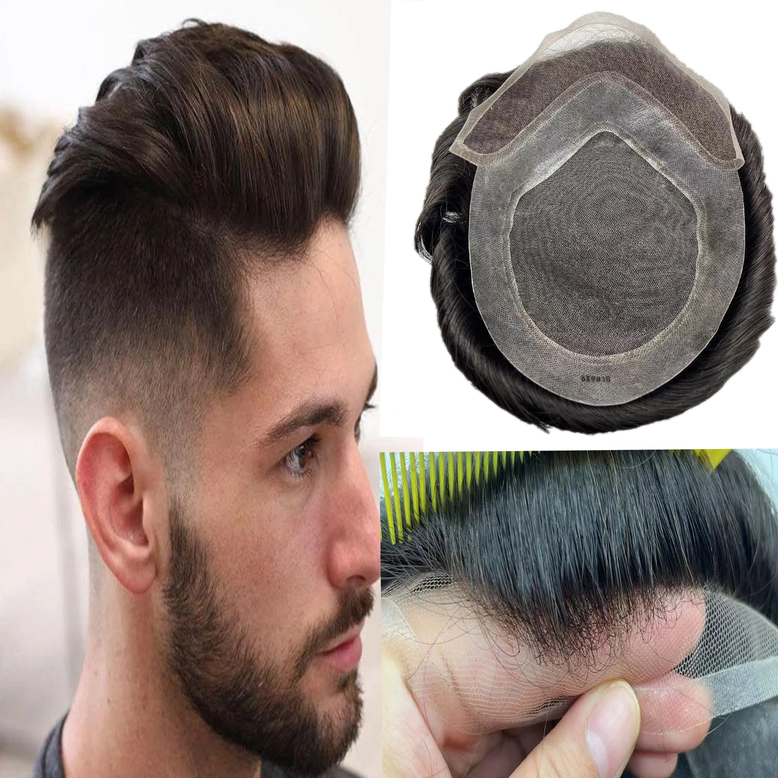 Hollywood Men Toupee Lace Front Hair Unit For  Men‘s Human Hair Prosthesis 100% Human Hair Breathable And Soft Hair Pieces