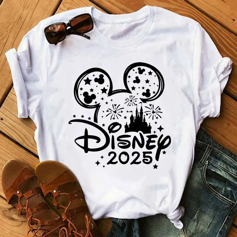 Summer Y2k Women T-shirt Disney 2025 Printed Female Clothing Short Sleeve White Tops Tees