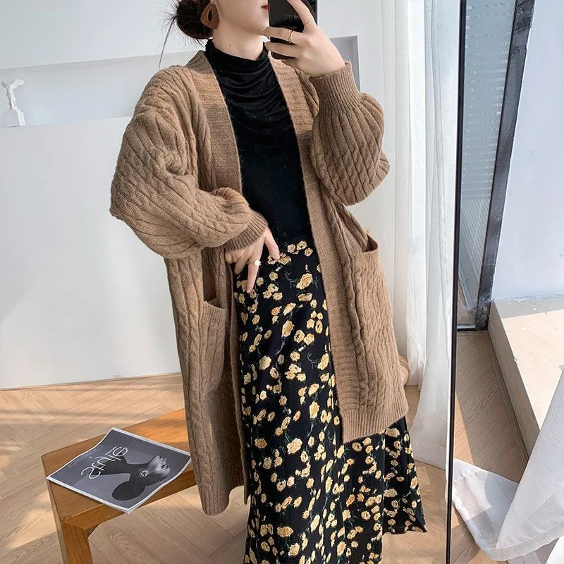 

Autumn and winter cardigan women medium long knitting Fried Dough Twists sweater women coat wool sweater solid cardigan female