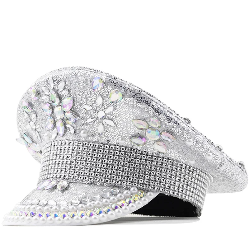 

New Women's Letter Pearl Wedding Hat Silver Sequin Diamond Photography Hat Peaked Hat Flat Top Hat Performance Hat