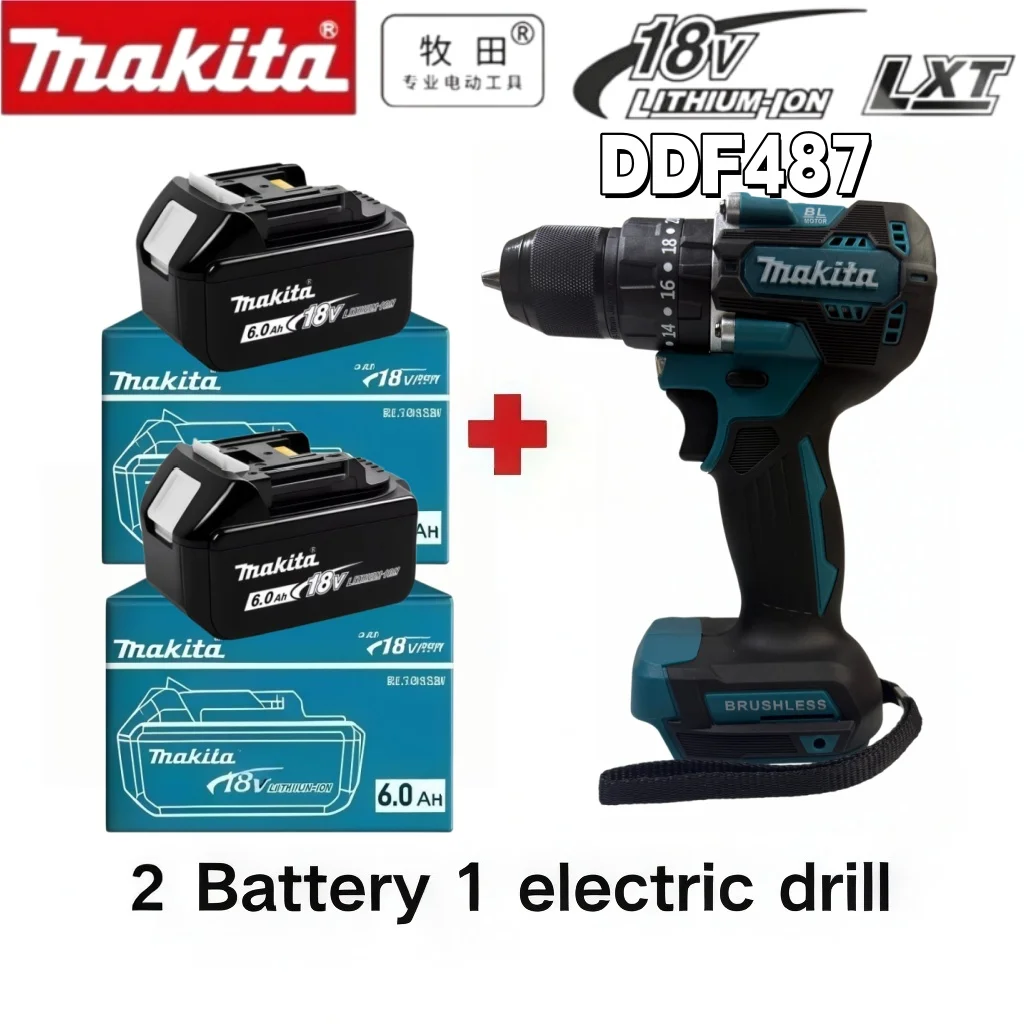 Original Makita DDF487 18V 13mm Akku-Bohrschrauber-Set Ausgestattet mit 6Ah Ersatzakku und Standardladegerät