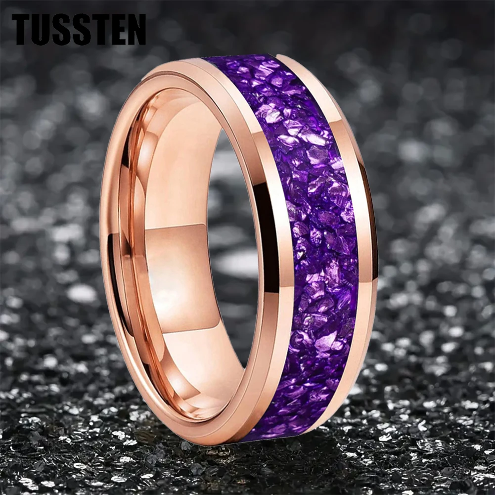 Dropshipping TUSSTEN 6/8MM Men\'s and Women\'s Wedding Tungsten Ring Purple Crystal Stone Inlaid Comfortable Fit