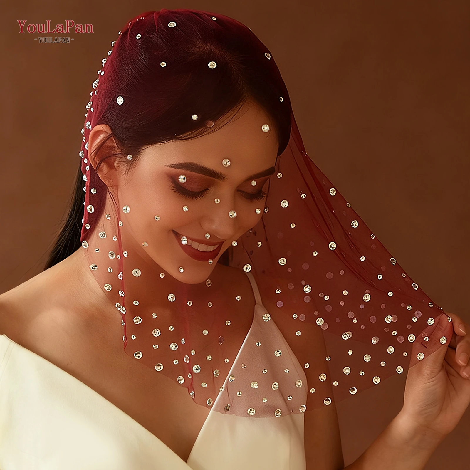 Youlapan Ma07 كلاريت حجر الراين أحمر الخدود الحجاب حجاب الزفاف الصغير إكسسوار زفاف رائع مع أحجار الراين للتخصيص