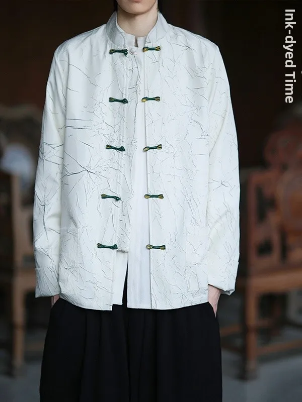 

Улучшенный мужской костюм Ханьфу: весенне-осенняя куртка из ледяного шелка с длинными рукавами, новый китайский костюм Тан, пальто большого размера с пуговицами и принтом