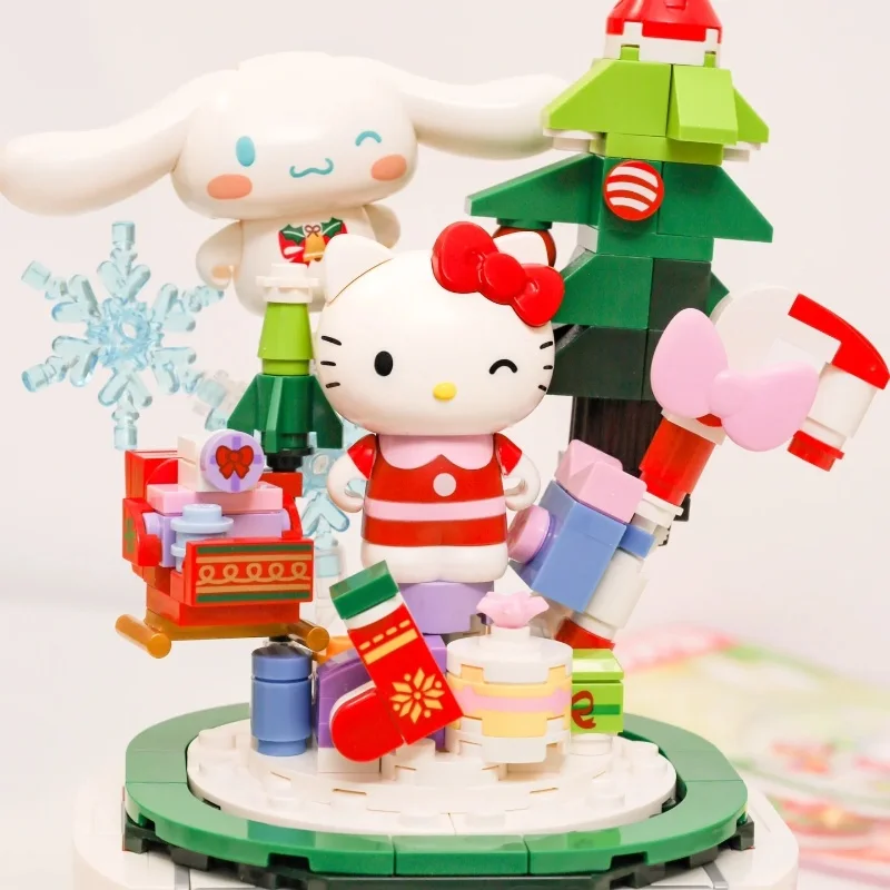 New Christmas Hello Kitty Christmas Music Building Blocks Box Rotating Music Box Children Christmas Toys Building Blocks Gift