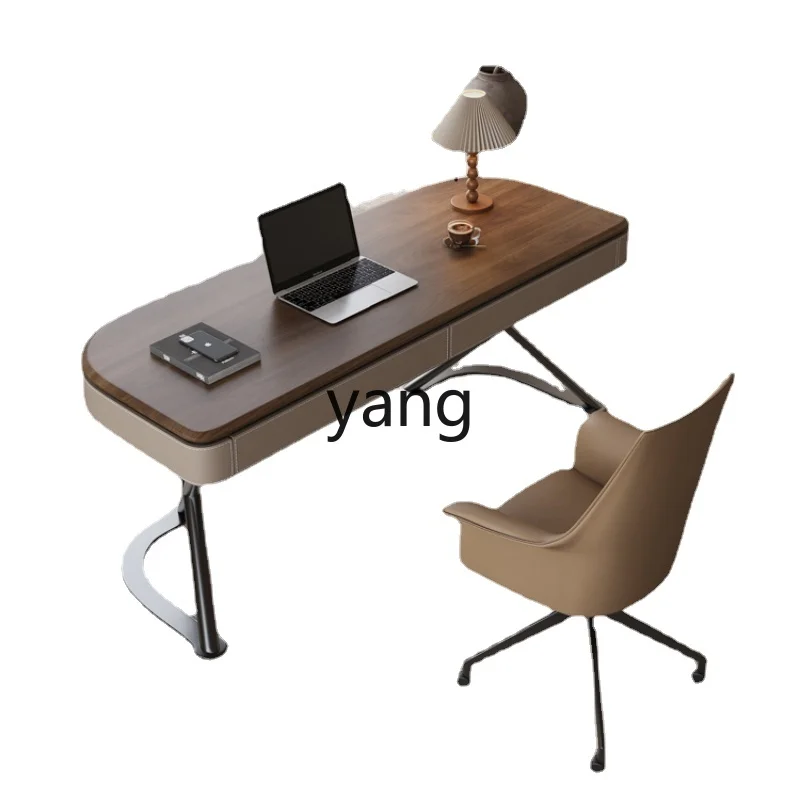 Yjq High-End Solid Wood Desk Light Luxury Modern Minimalist Saddle Leather Home Study and Bedroom Office Computer Desk