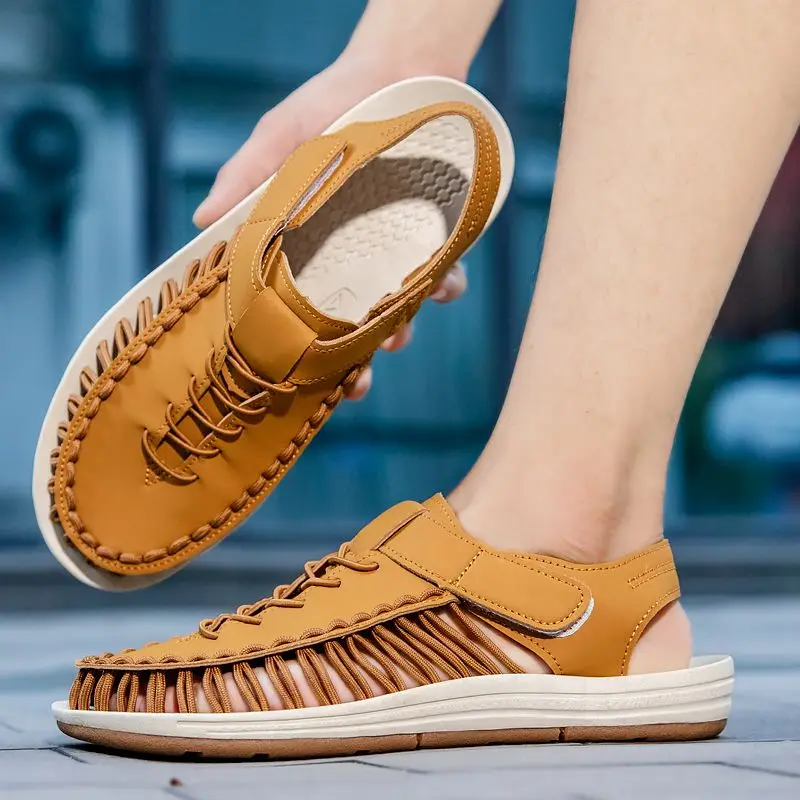 

Летняя удобная плетеная дышащая сверхлегкая обувь для мужчин, уличные пляжные стильные мужские сандалии большого размера, распродажа