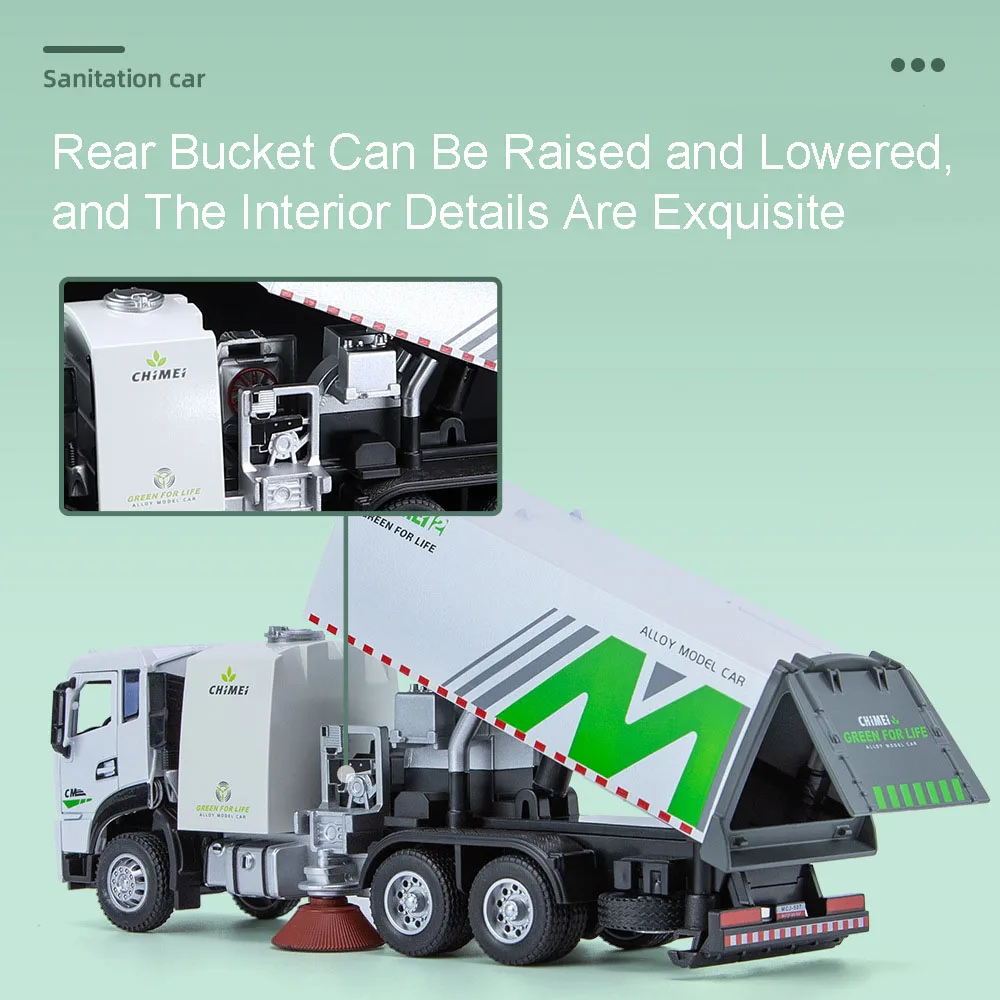 รถของเล่นจำลองรุ่น 1:24 รถทำความสะอาดเมือง ผลิตจากโลหะหล่อขึ้นรูป พร้อมเสียงและไฟ ประตูเปิดได้ แบบดึงหลัง รถวิศวกรรม