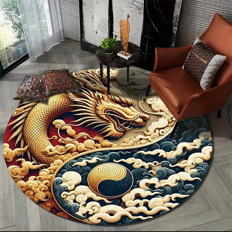 Oriental Dragon Print Round Carpet Suitable for Living Room Bedroom Carpet Flannel Non-slip Carpet, Sofa Chair Creative Door Mat