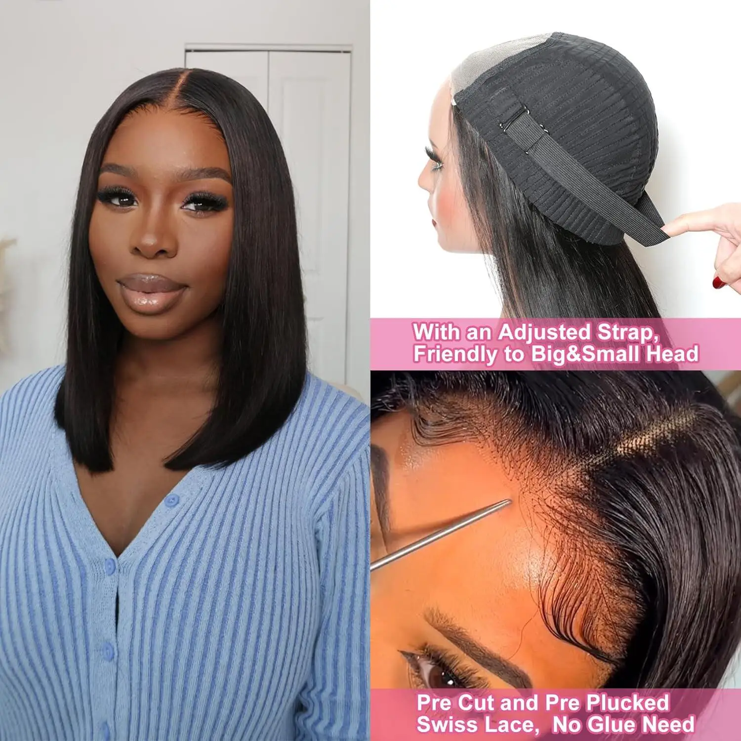 غلويليس ارتداء والذهاب بوب الباروكات الشعر البرازيلي قصير مستقيم الباروكات قبل قطع 4x4 الدانتيل إغلاق بوب شعر مستعار للنساء السود سهلة الارتداء