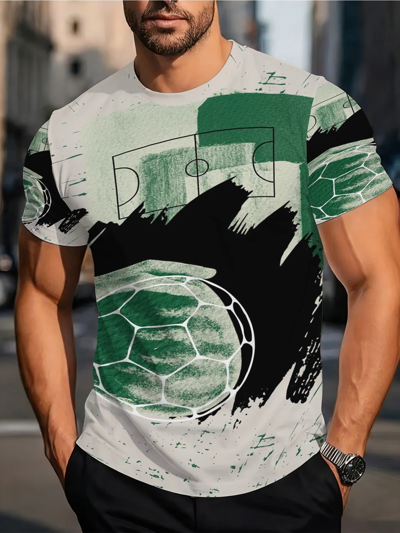 Men's Graffiti Soccer Pitch Print Round Neck Short Sleeve T Shirt Sport Street Style Loose Casual Tee Outdoor Mens Clothing