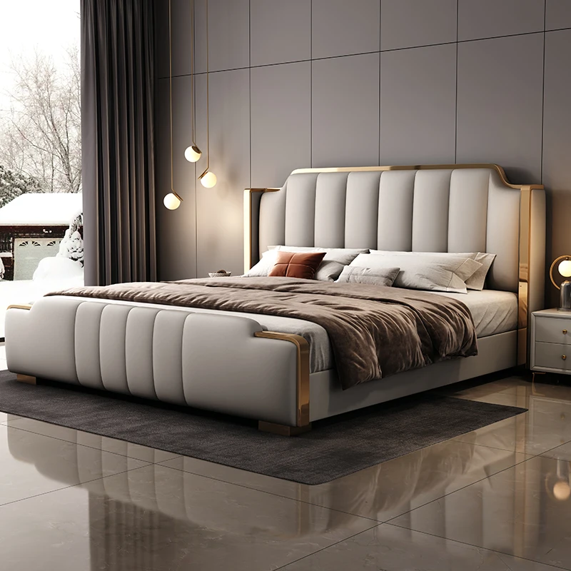 

Unique Elegant Modern Double Bed Storage King Size Light Luxury Leather Bed Villa Italian Cama Box Casal Bedroom Furniture