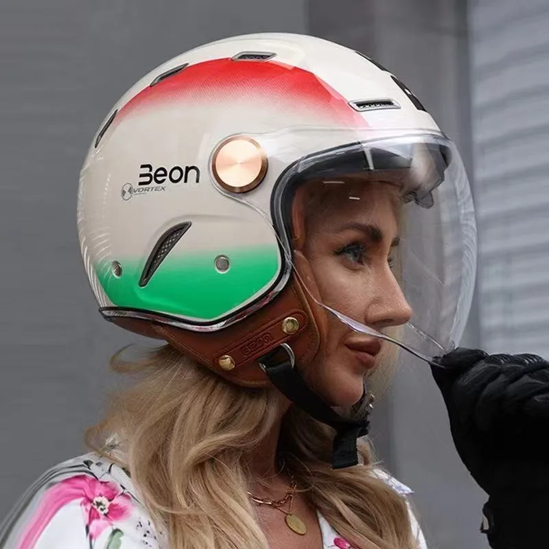 BEON  DOT ECE Retro Motorcycle Helmet Half Capacete Open Face Double Lens Casco Electric Motobike Casque Scooter Sunscreen
