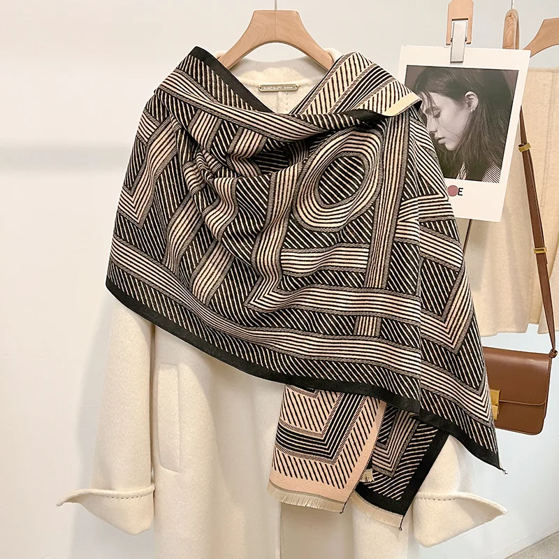 New Woman Fashion  American Style Minimalist Stripe Printing Imitation Cashmere Shawl Multifunction Decorate Warm Scarf