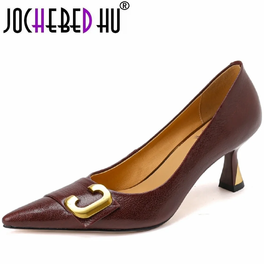 【JOCHEBED HU】Dress Party Shoes Women Genuine Leather Pumps Sexy Thin Heels Slip On Solid Color Pointed Toe Handmade For Ladies