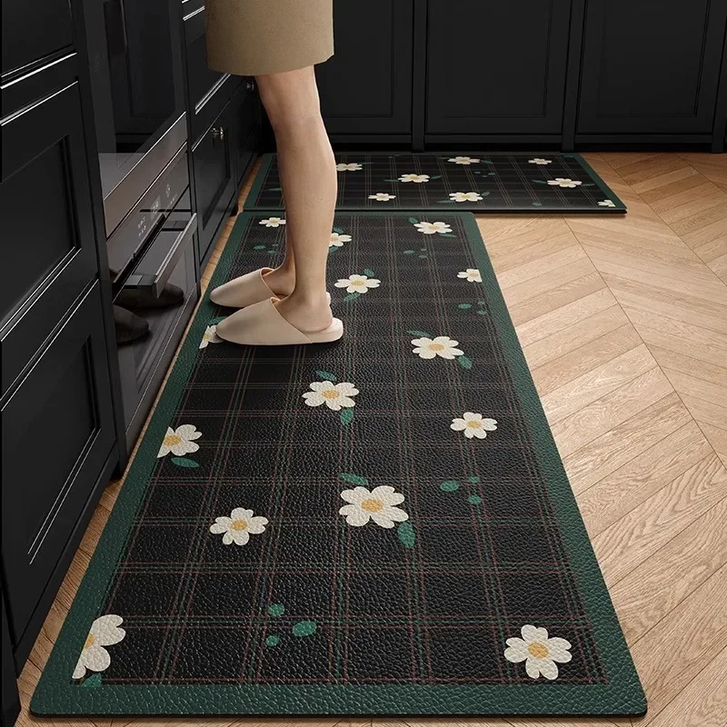 Kitchen Floor Mat Dark Floral Waterproof Oil-proof PVC Leather Strips Scrubbable Non-slip Carpet Bathroom Balcony Rug Alfombra