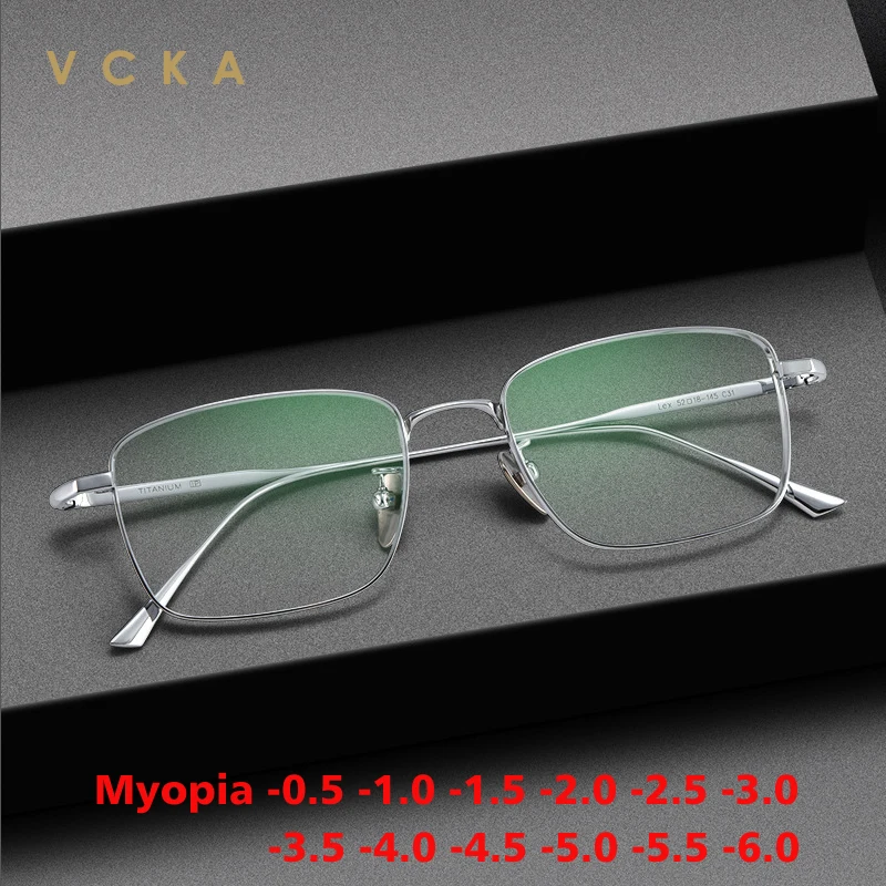 

VCKA Square Titanium Myopia Eyeglasses Vintage Pure Men Women Glasses Frame Prescription Luxury Optical Eyewear -0.50 to -10