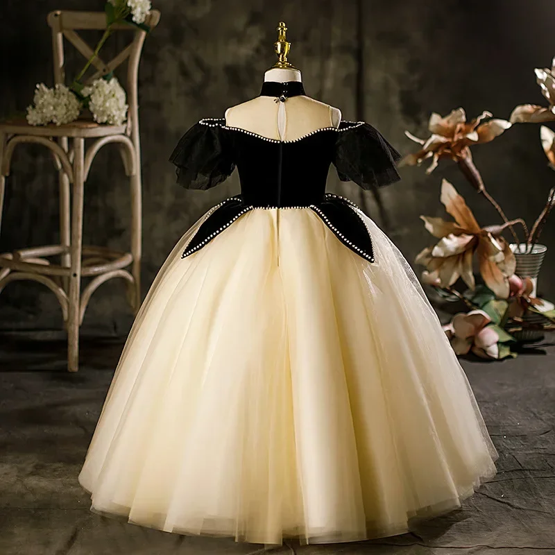 Moda Bambini Ragazza Abito elegante da sera Principessa Abiti neri Bambini Abiti con perline Costumi da spettacolo Abiti di lusso Abiti