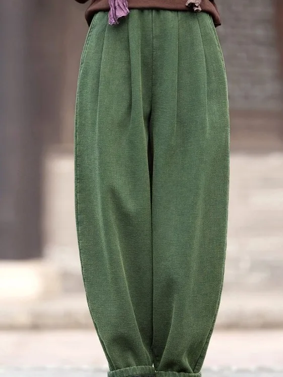 Authentic Thickened Casual Loose Cotton Linen Pants Autumn Winter Wide Leg Pants Fleece Lined Lantern Pants for Middle-Aged W...