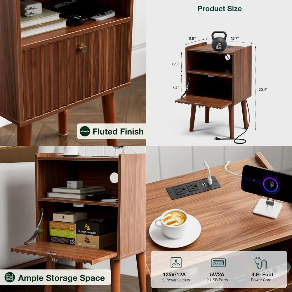 

Walnut Modern Bedside Table with Charging Station and Tiered Storage for Bedroom and Living Room