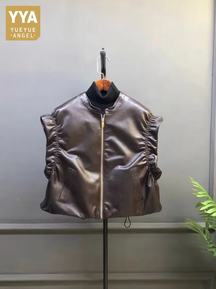 

Модный женский укороченный пуховый жилет из натуральной кожи с круглым вырезом, на молнии, из овчины, без рукавов, теплый, толстый, хит продаж