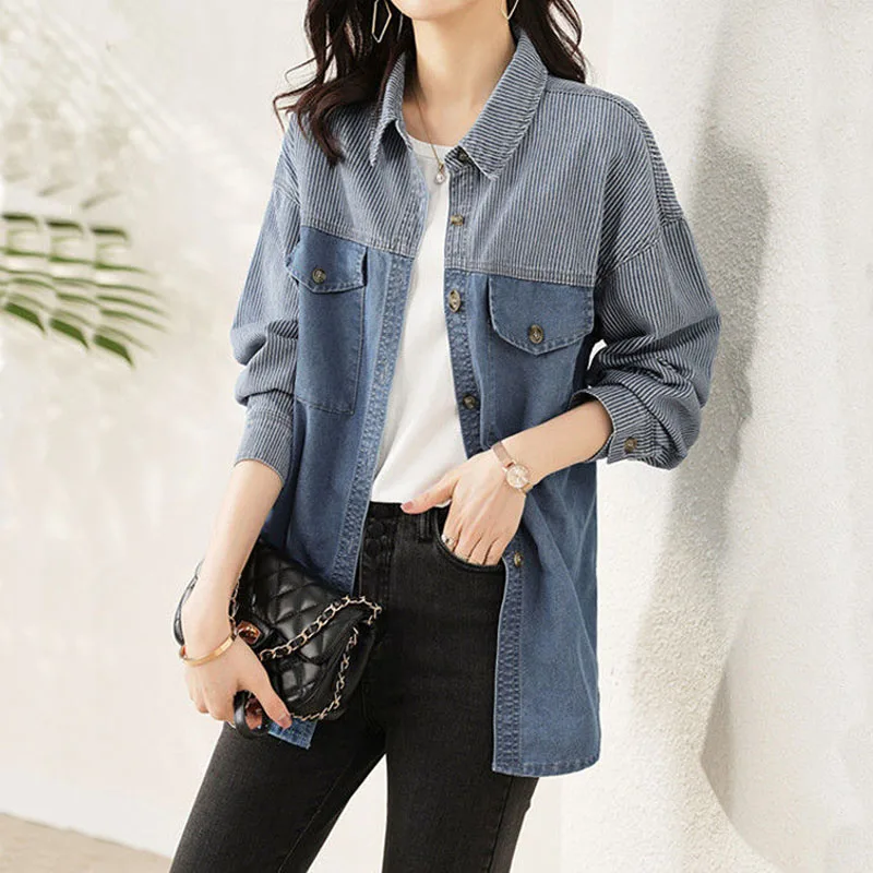 Denim Spliced Polo-Neck Casual Blouse Women Korean Commute Striped Single-breasted Loose Shirt Long Sleeve Female Clothing 2024