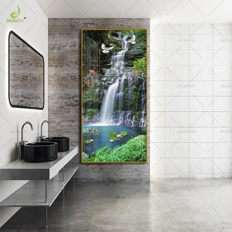 Fresh Waterfall Bamboo Forest Entrance Background Crystal Porcelain Gold Frame Mural Home Decoration LED Mural Art