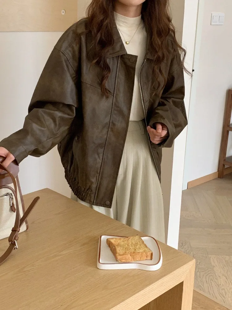 

OFTBUY Leather Trench Coat for Women Women's Moto Biker Zipper Jacket Fashion Women's Faux Jacket Brown Women's Jacket Outerwear