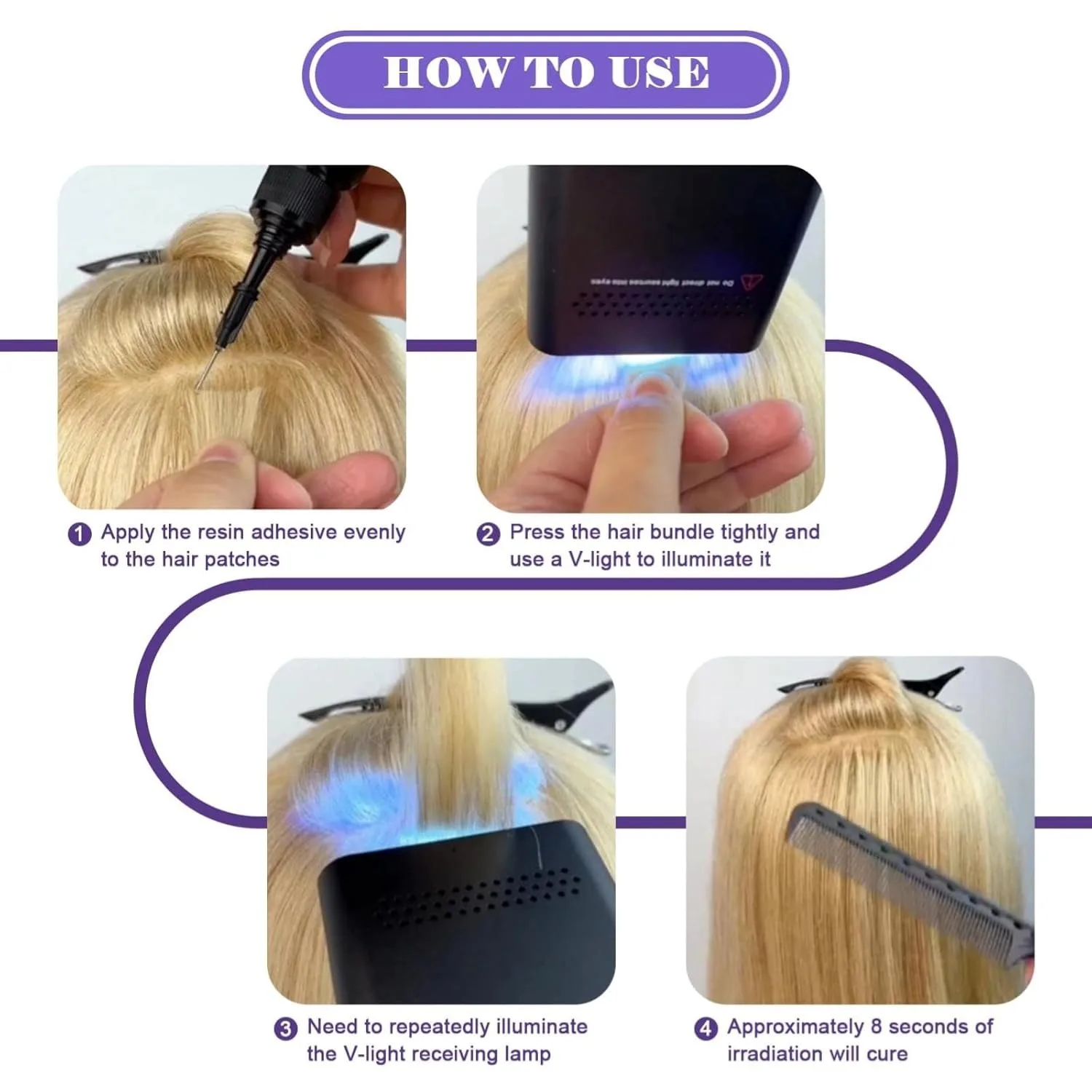 Ferramenta de extensão de cabelo com luz v portátil, cola de secagem rápida, salão de beleza, enxerto rápido, cabelo invisível sem vestígios, luz de cura uv