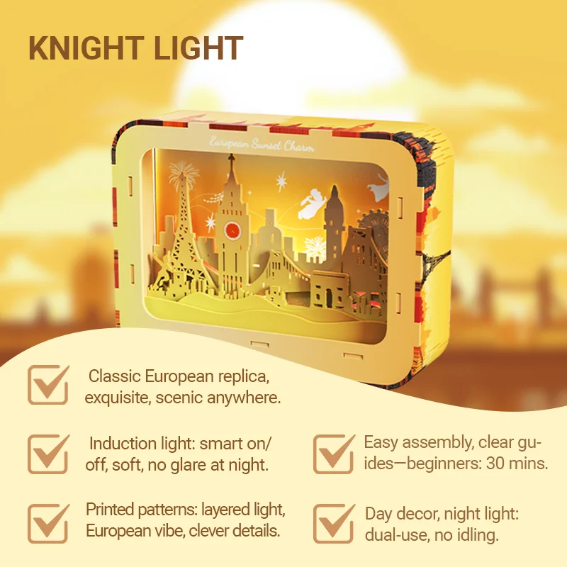 NIEUWE Europese zonsondergang stijl Houten Bouwstenen MOC Kit 3D Model DIY Montage Bricks Nachtlampje Desktop Decor Cadeau Idee