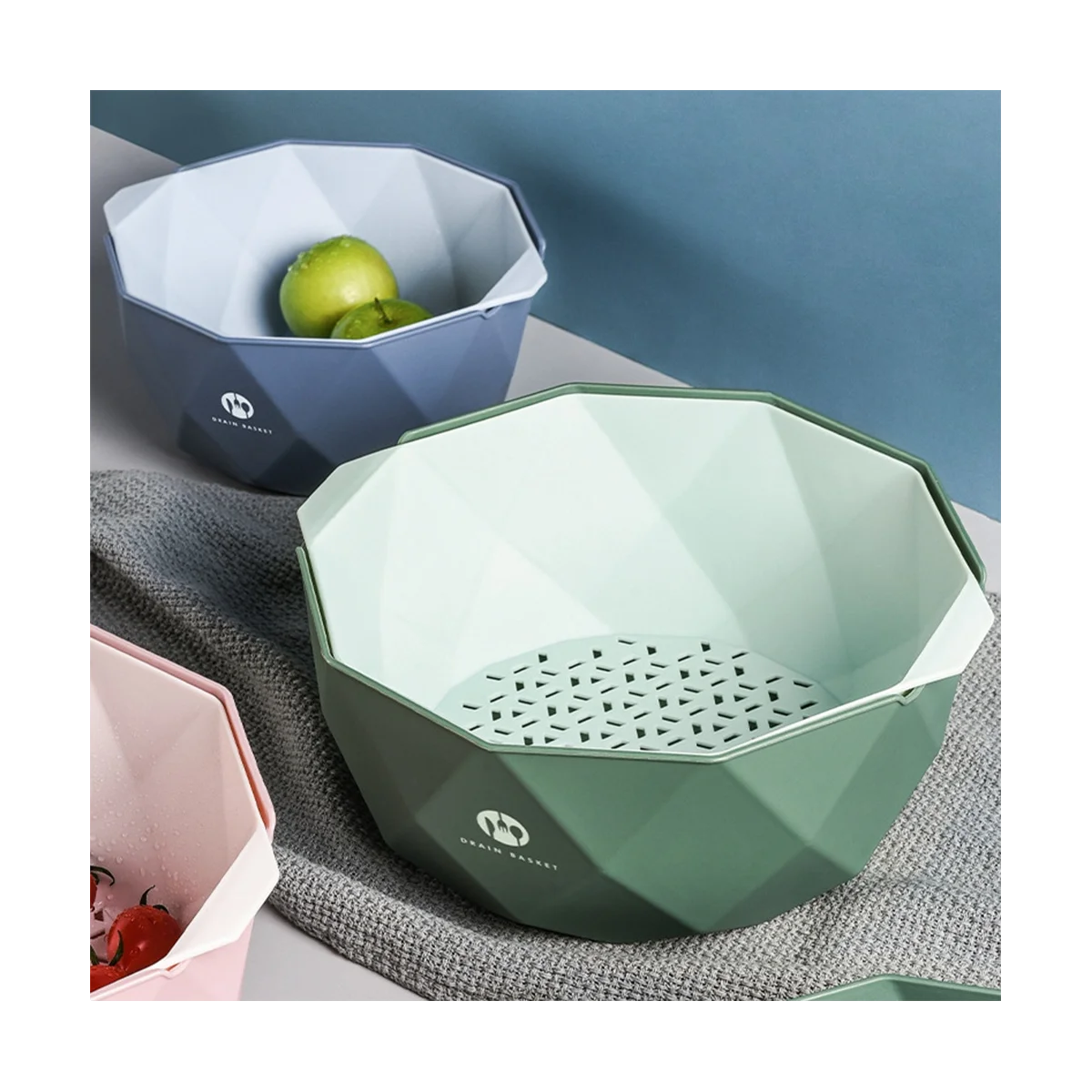 Cesta dupla camada para lavar legumes, esgoto cozinha, bacia de frutas, ferramenta de armazenamento criativo, rosa