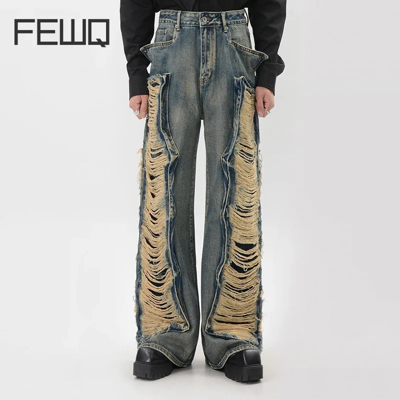 FEWQ Deconstructes Men's Denim Pants  Loose Fitting Wide Leg Floor Jeans 2024 Streetwear Contrast Color Male Trousers