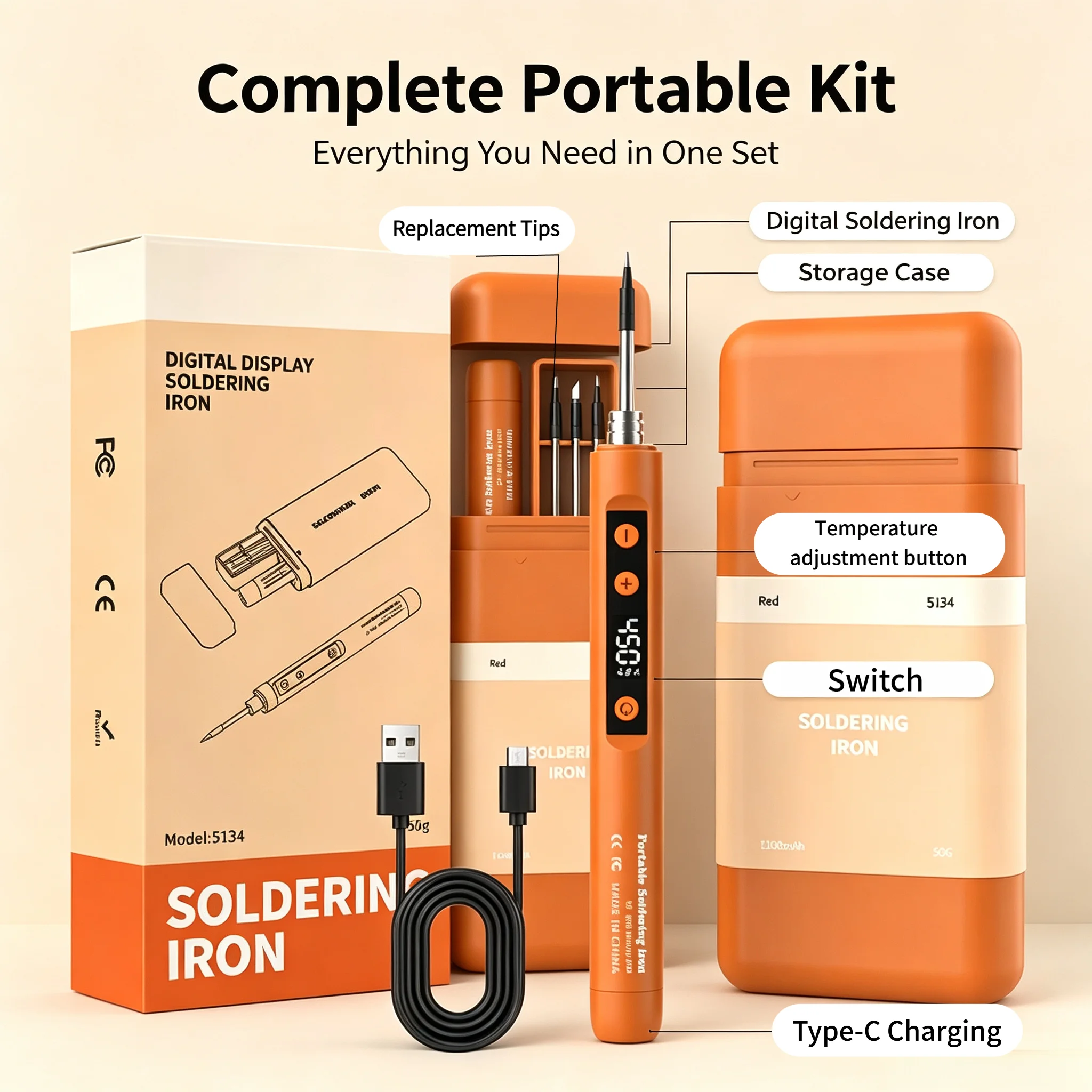 Portable Digital Display Soldering Iron Kit Type-C Rechargeable Adjustable Temperature Soldering Pen with Storage Case 3pcs Sold