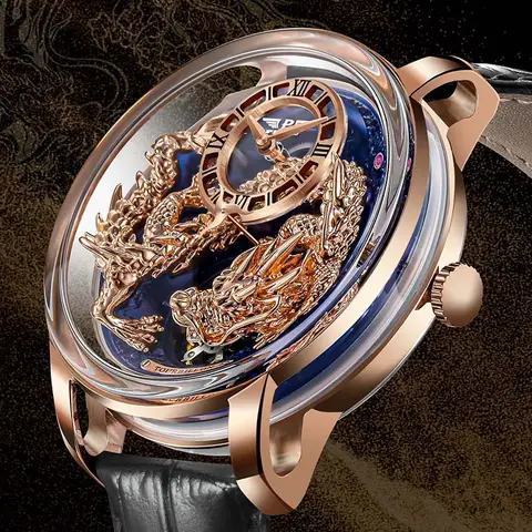 PINDU Design Wristwatches Original Dragon Theme Mechanical Watches Men Celestial Series Curved Mirror Transparent Design Watch