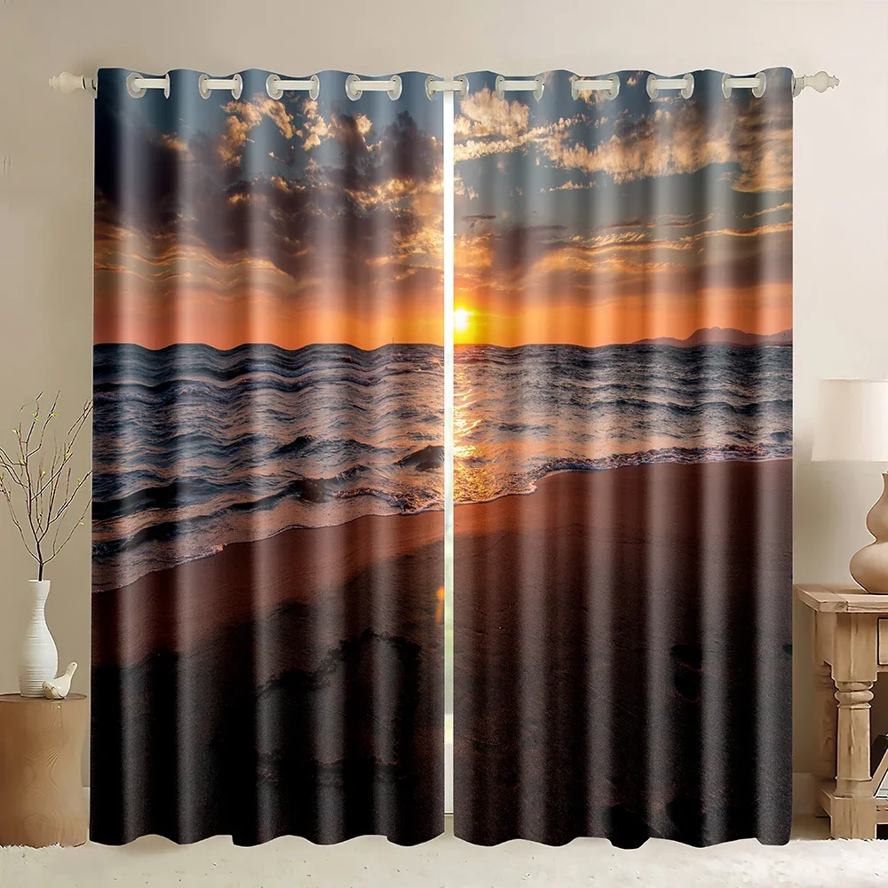 Tropical Sunset Blackout Window Curtain,Beach Water Wave Dusk Sky Curtain,Palm Tree Island Yellow Pink Purple Sky Print Curtain