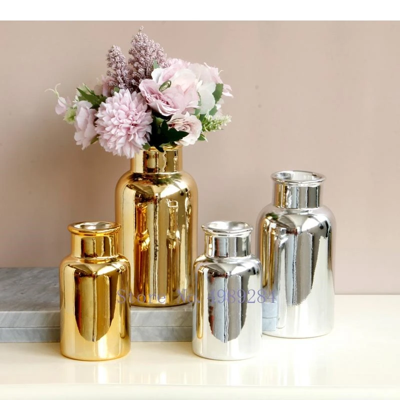 European Golden Silver Ceramic Vase Luxury Countertop Decoration Electroplating Flower Crafts Home Accessories